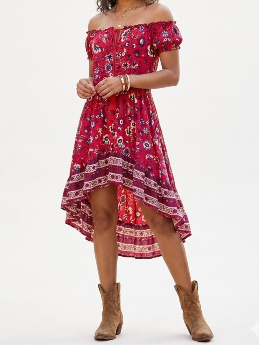 SHYANNE Bohemian Off-the-Shoulder Floral High-Low Dress Size 2X